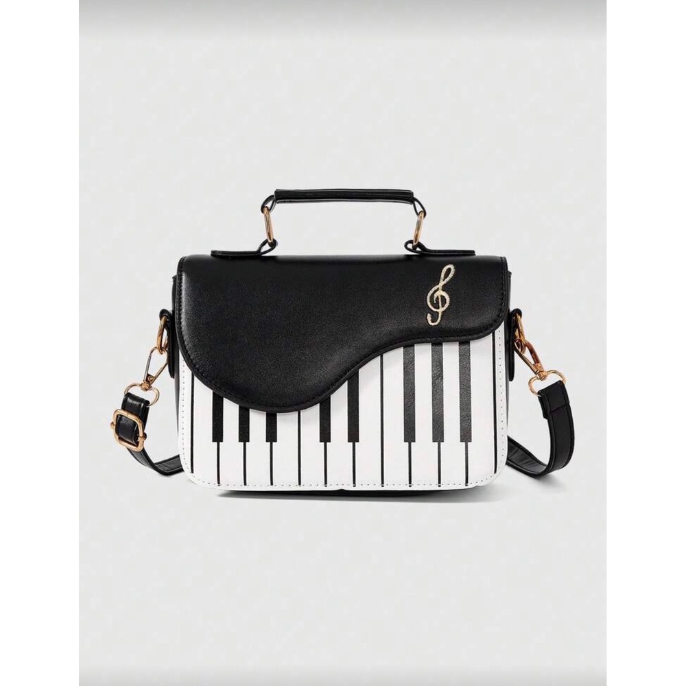 Piano Key Crossbody Bag Musical Note Treble Clef Novelty Handbag Black White NEW